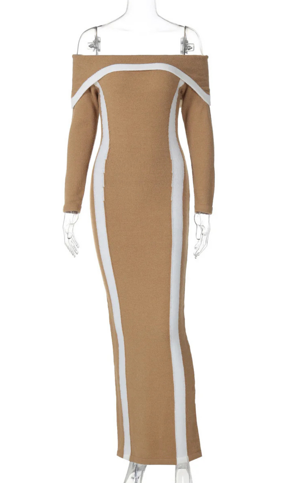 Abito lungo beige Janet con spalle scoperte