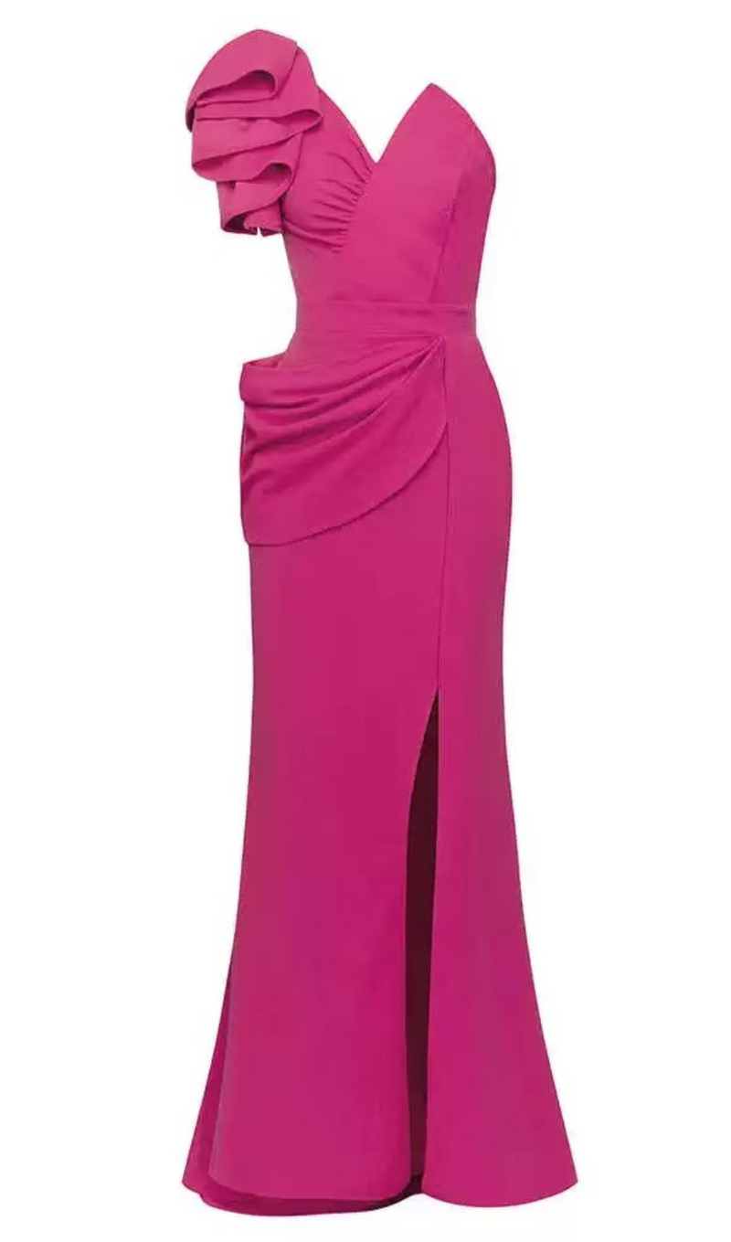 ASYMMETRICAL OBLIQUE SHOULDER SLIT SLEEVELESS MAXI DRESS