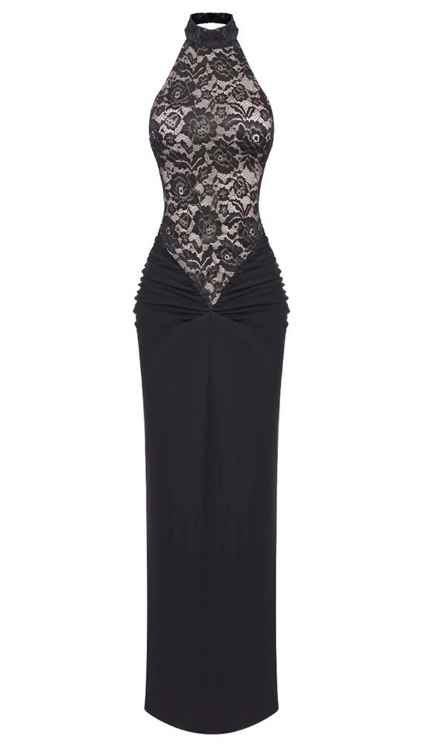AIIZIE CAROL BLACK HALTER MAXI DRESS WITH LACE BODICE - product image