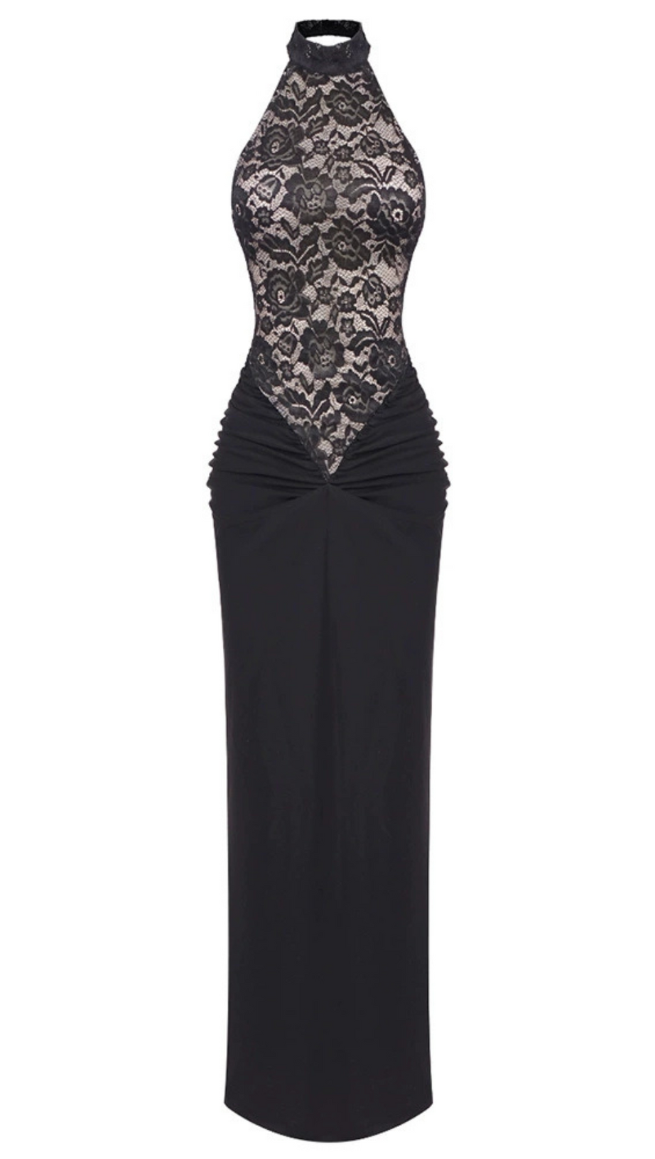 CAROL BLACK HALTER MAXI DRESS WITH LACE BODICE