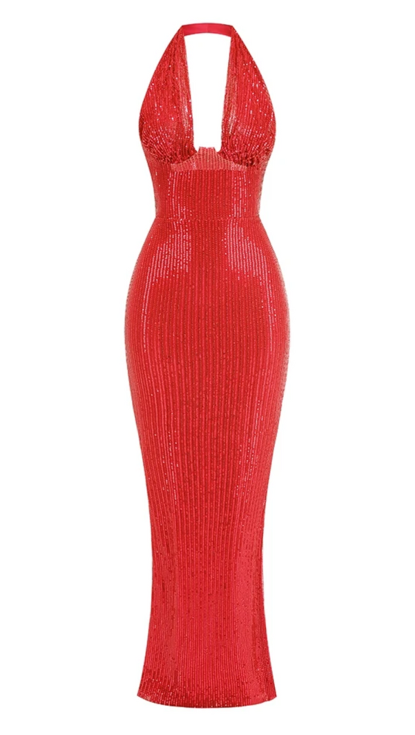 AIIZIE HALTER SEQUIN EMBELLISHED GOWN IN RED - product image