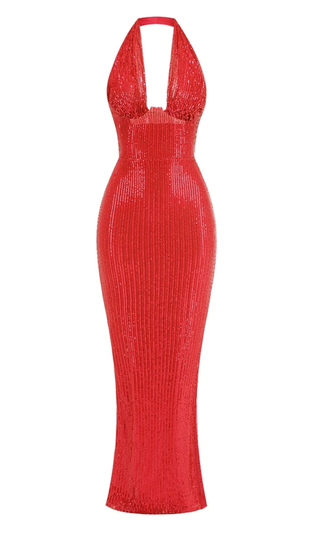 HALTER SEQUIN EMBELLISHED GOWN IN RED