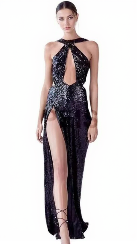 SEQUIN HIGH SLIT CUTOUT DRESS
