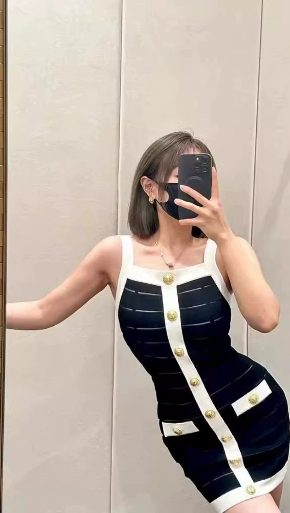 MOIRA 10-BUTTON MESH-DETAILED MINI DRESS IN BLACK