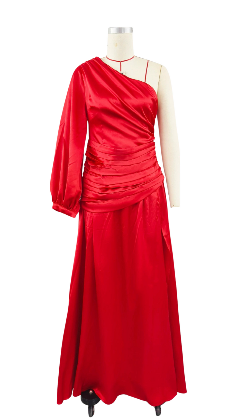 MEGAN RED SATIN PLEAT ONE-SHOULDER LONG SLEEVE MAXI DRESS