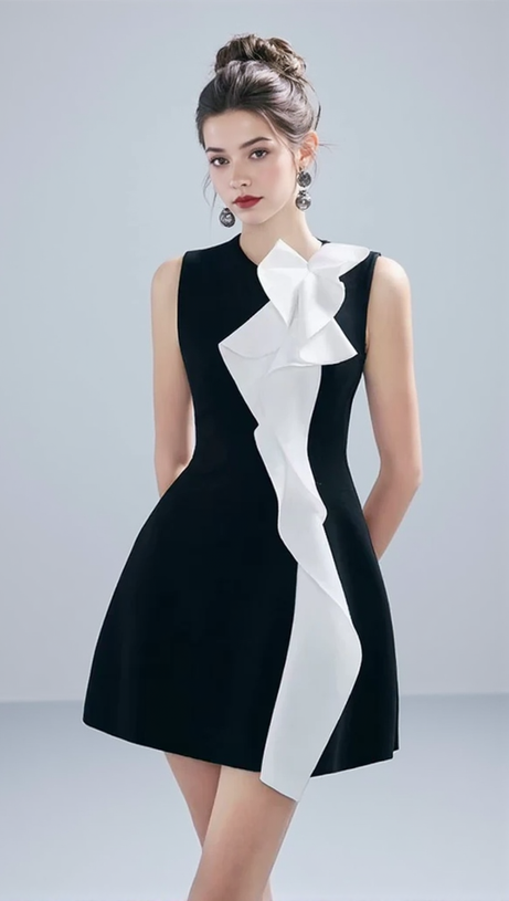 CONTRAST COLOR PATCHWORK RUFFLE MINI DRESS