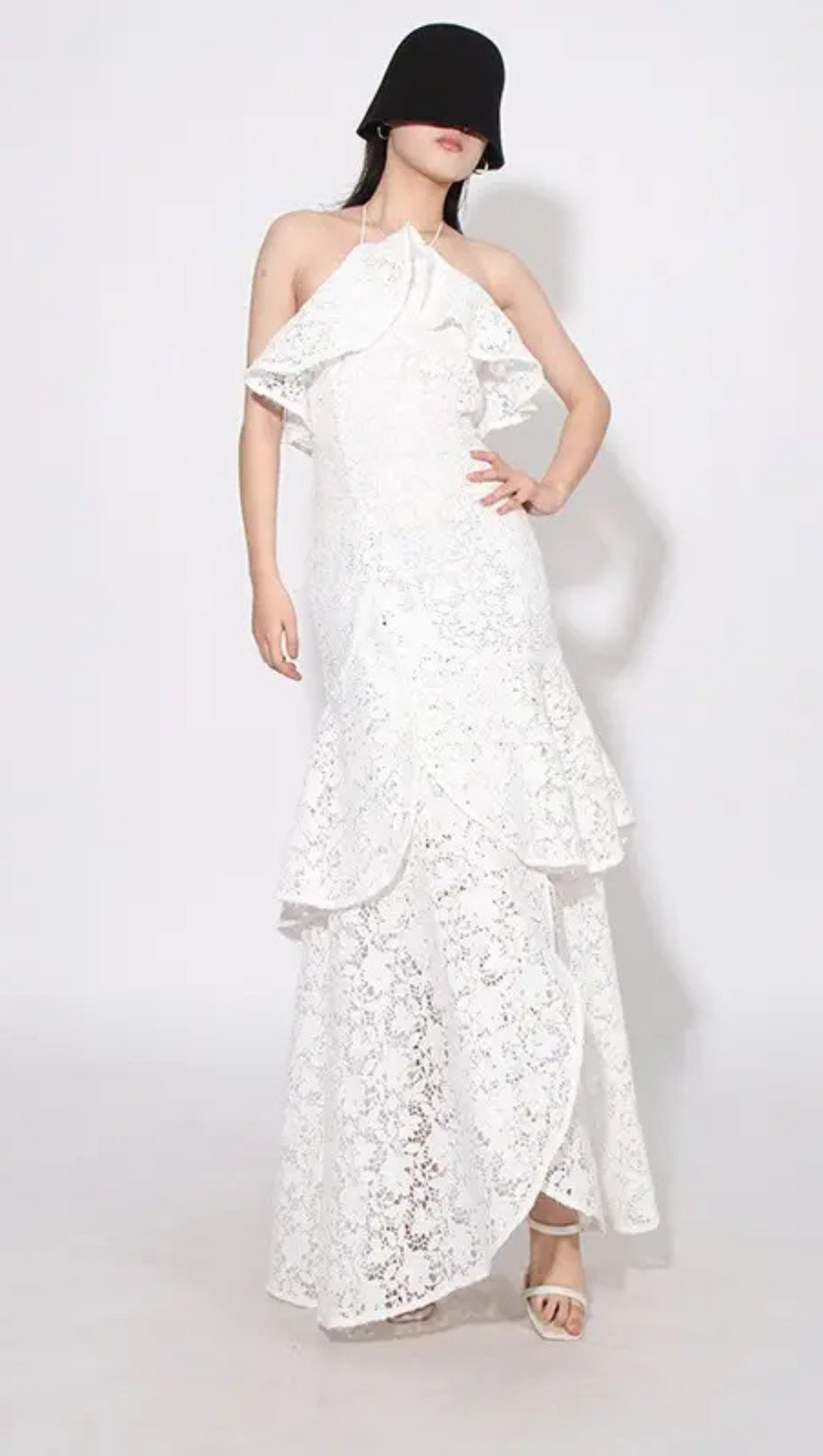 LYNN GARDENIA GUIPURE LACE RUFFLE GOWN IN WHITE