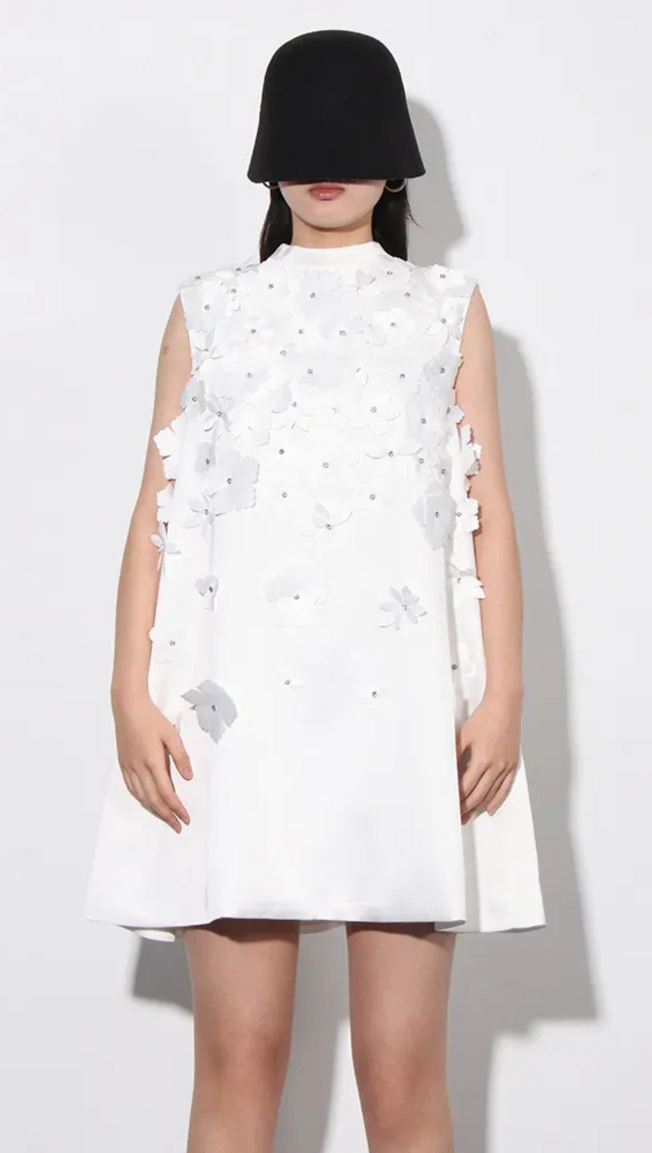 LYDIA FLOWER APPLIQUE MOCK NECK BOW TRIM MINI DRESS