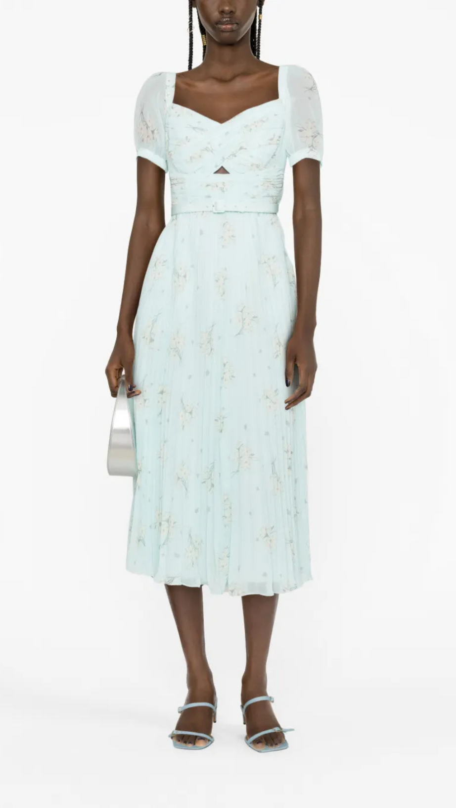 LINDSAY FLORAL-PRINT CHIFFON MIDI DRESS IN BLUE