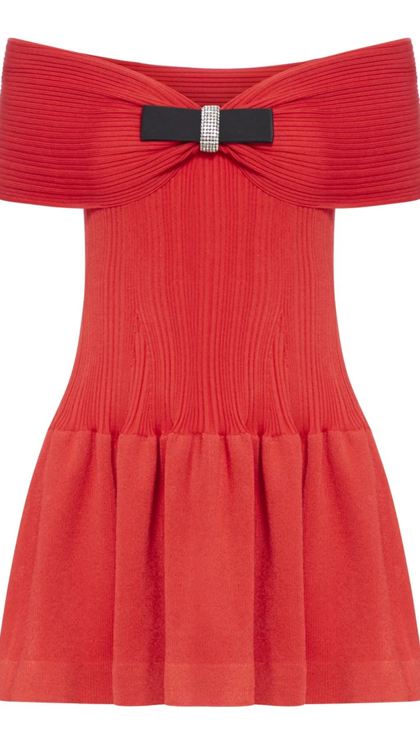 AIIZIE RED OFF-SHOUDER KNIT BOW MINI DRESS - product image
