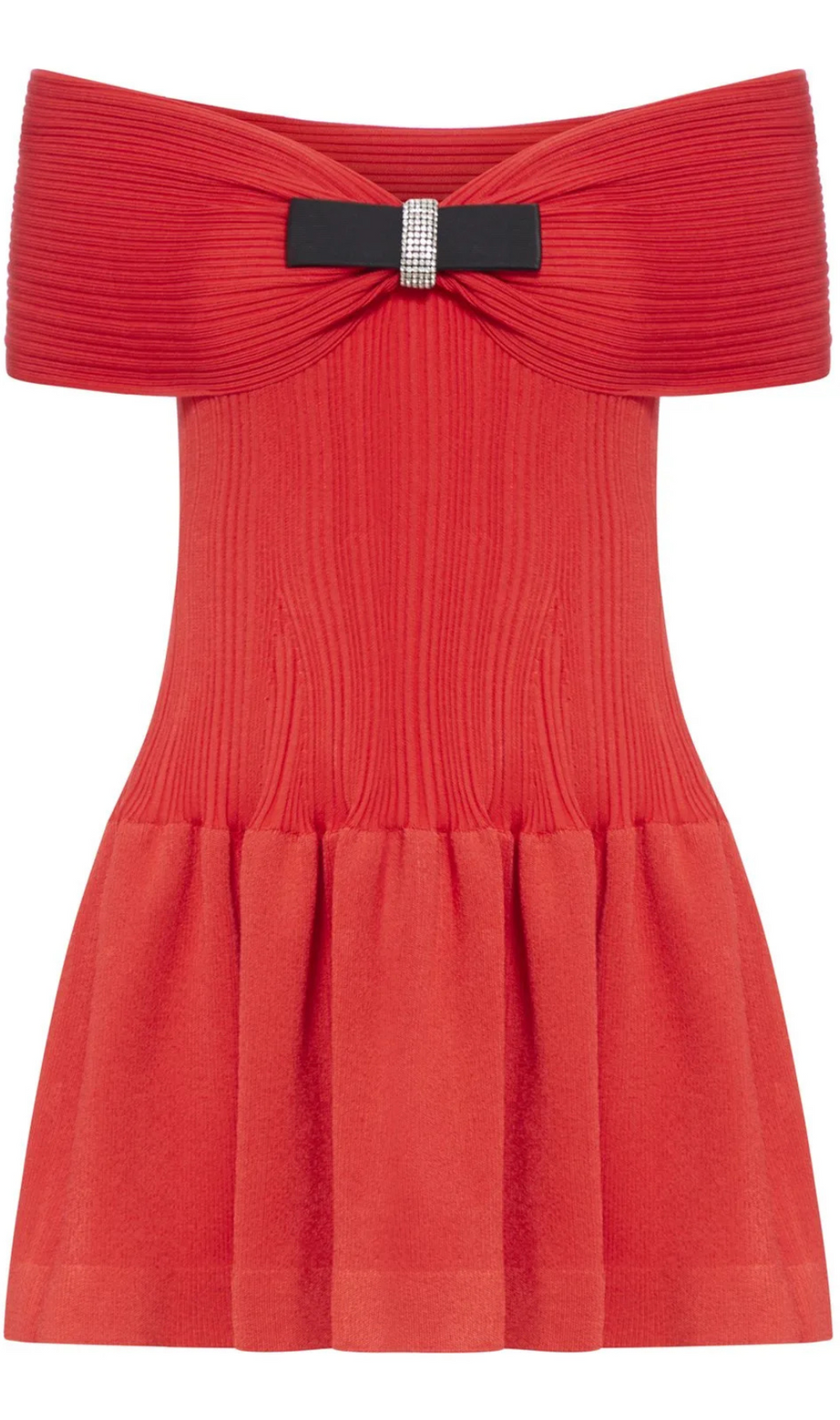 ROTES OFF-SHOUDER-MINIKLEID AUS STRICK MIT SCHLEIFE