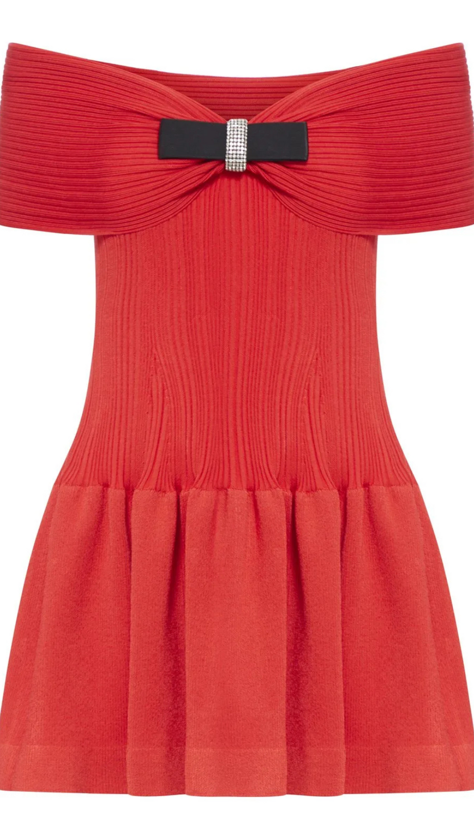 RED OFF-SHOUDER KNIT BOW MINI DRESS