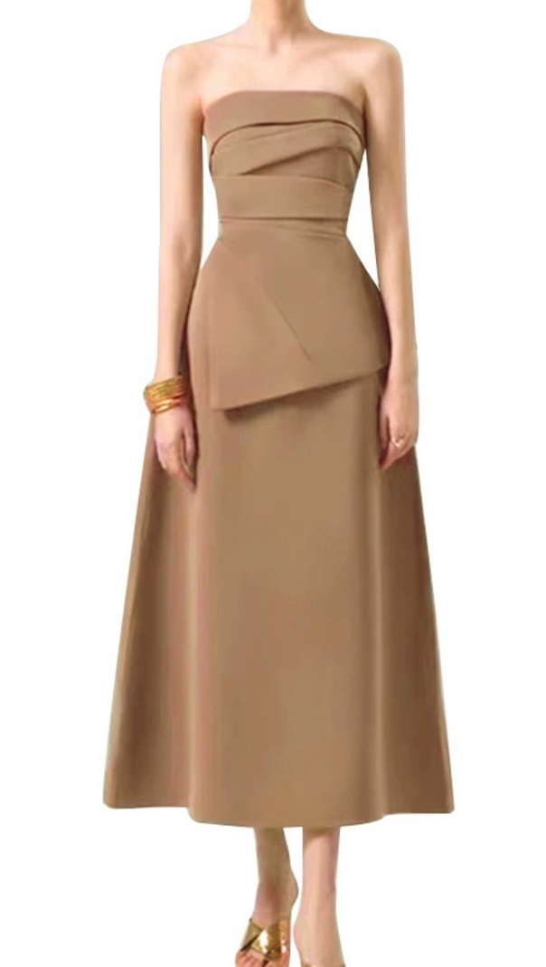 AIIZIE PLEATED ASYMMETRIC TUBE MIDI DRESS IN KAHKI - product image