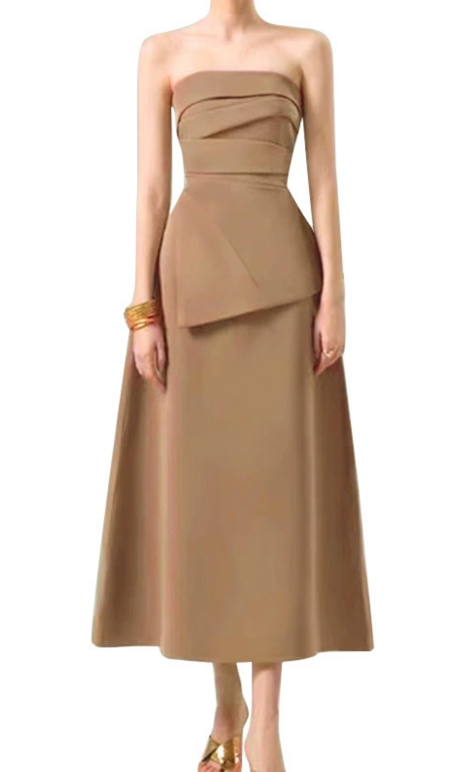 PLEATED ASYMMETRIC TUBE MIDI DRESS IN KAHKI