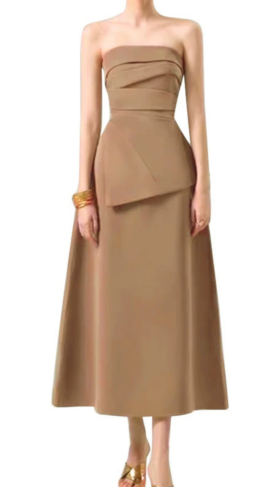 PLEATED ASYMMETRIC TUBE MIDI DRESS IN KAHKI