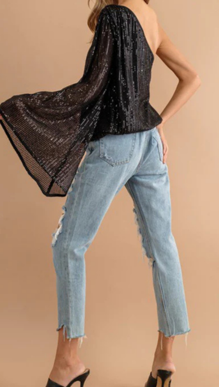 SEQUIN ONE SHOULDER BELL SLEEVE TOP