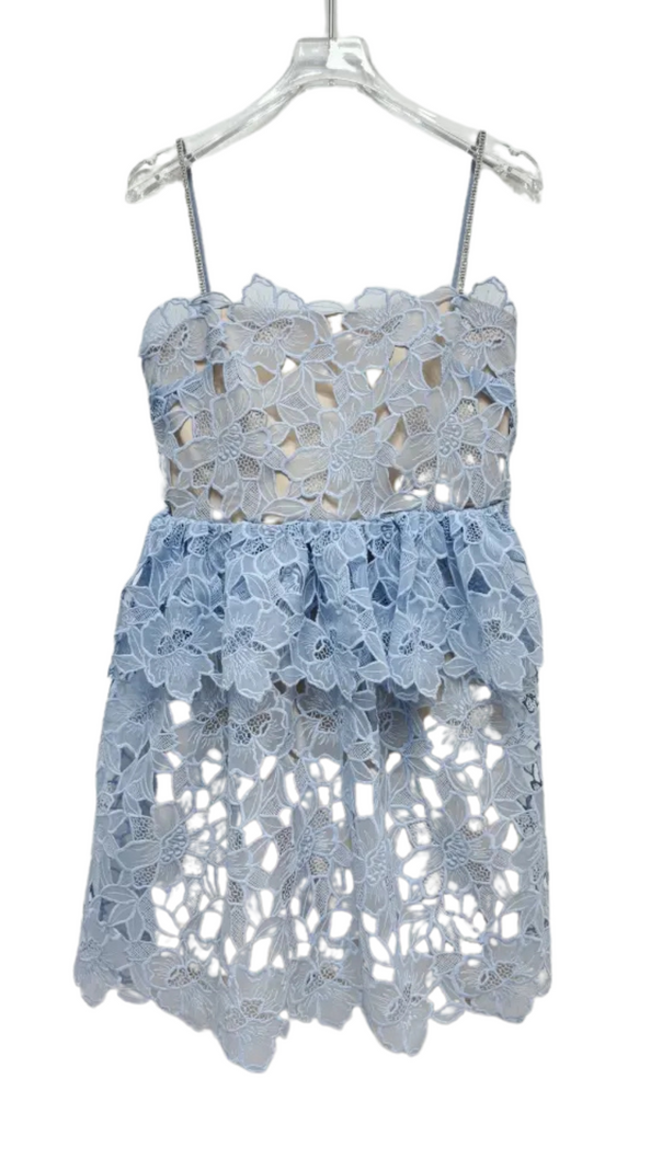 OLGA LACE MINI DRESS BLU CON STRATI DI PIZZO E TAGLIO