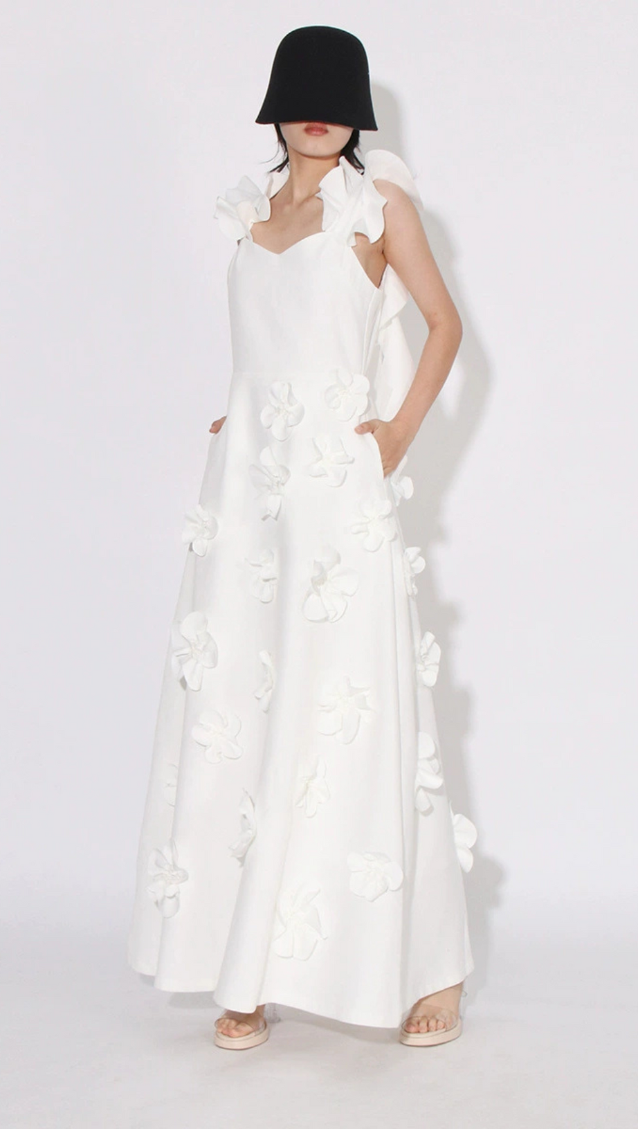 FLOWER RUFFLE TRIM STRAP MIDI DRESS IN WHITE