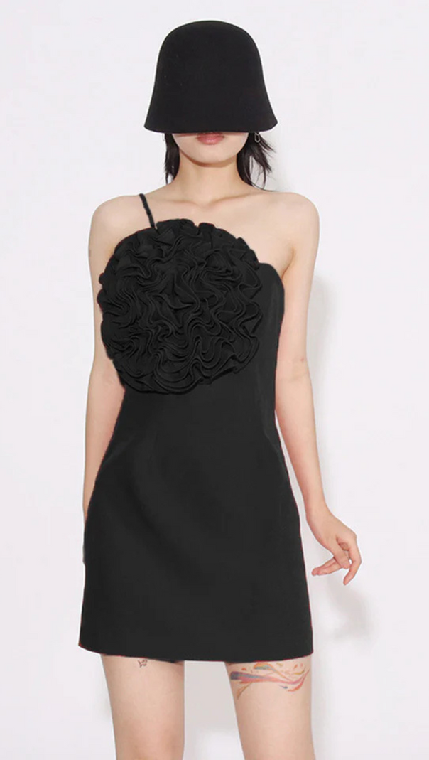 AIIZIE AMITY ONE-SHOULDER FLORAL-APPLIQUÉ MINI DRESS IN BLACK - product image