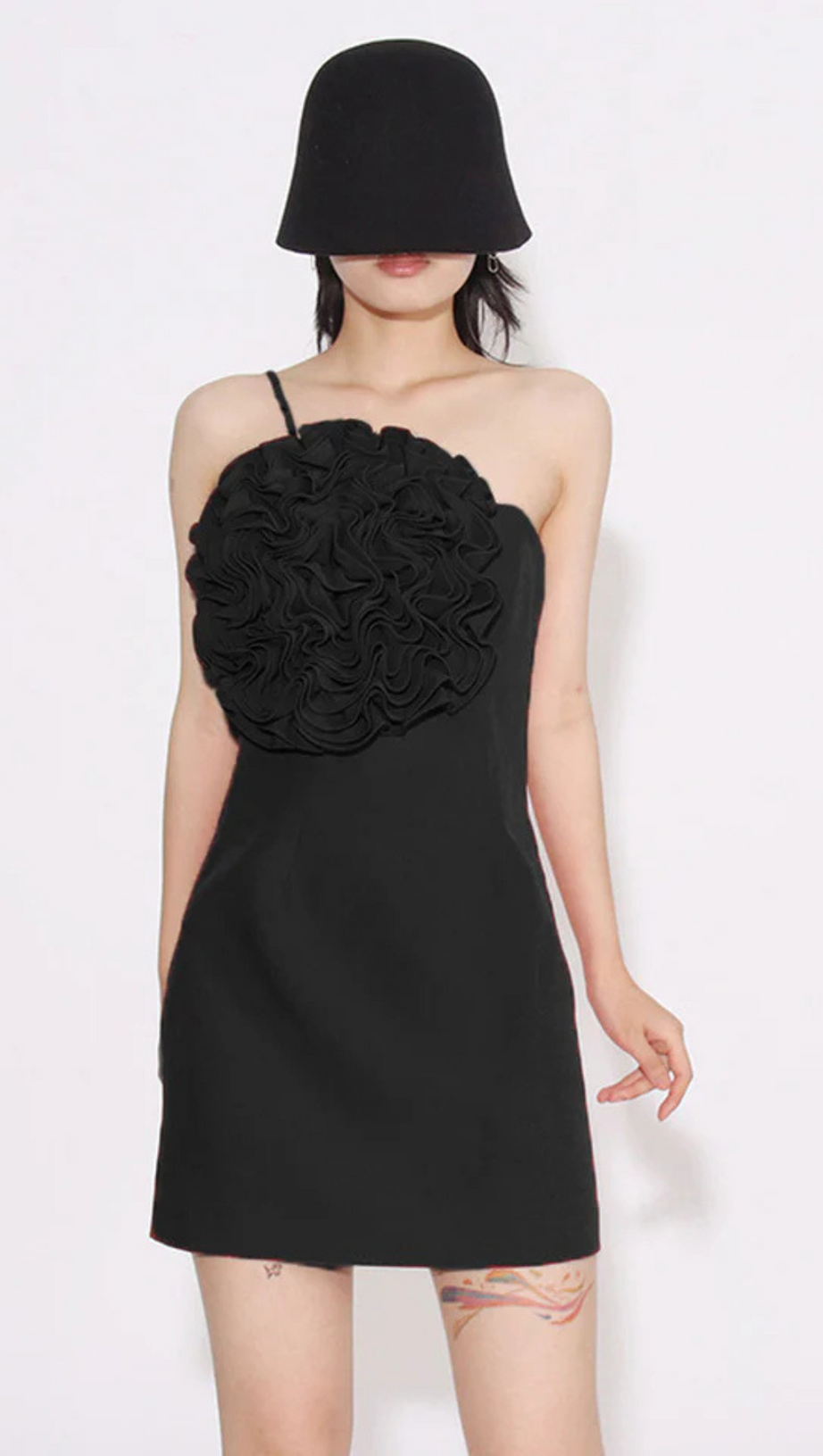 AMITY ONE-SHOULDER FLORAL-APPLIQUÉ MINI DRESS IN BLACK