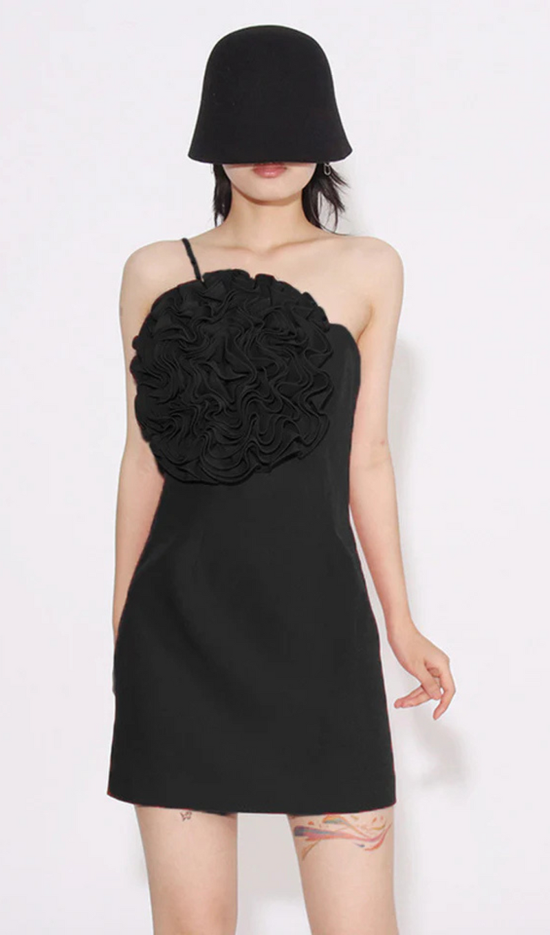 AMITY ONE-SHOULDER FLORAL-APPLIQUÉ MINI DRESS IN BLACK