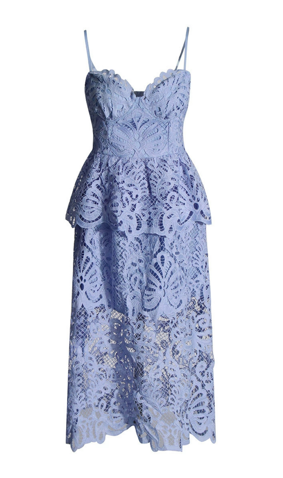 EVELYN MIDIKLEID MIT AUSSCHNITT UND SPITZE IN BLAU