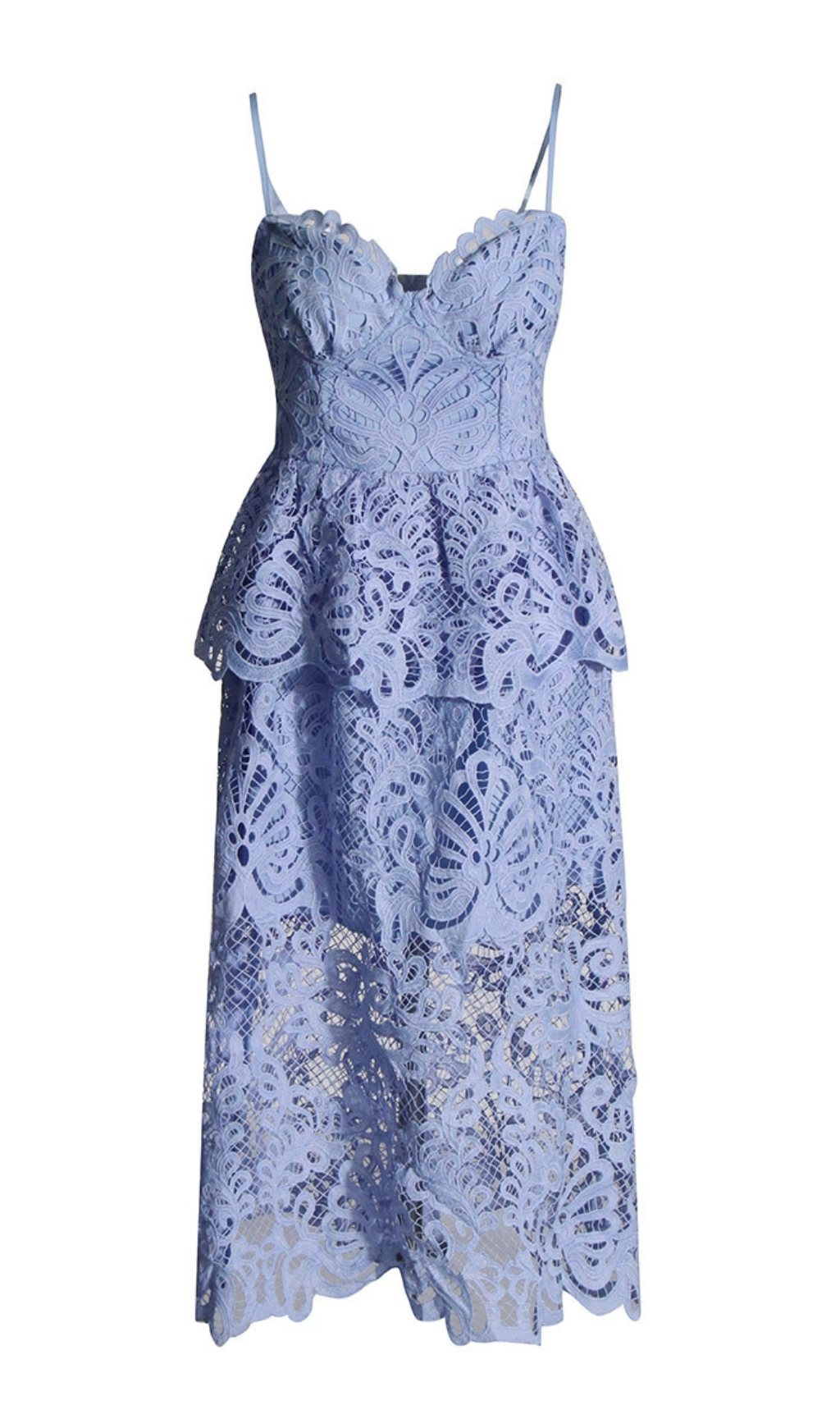 EVELYN CUT OUT LACE LAYERING MIDI DRESS IN BLUE