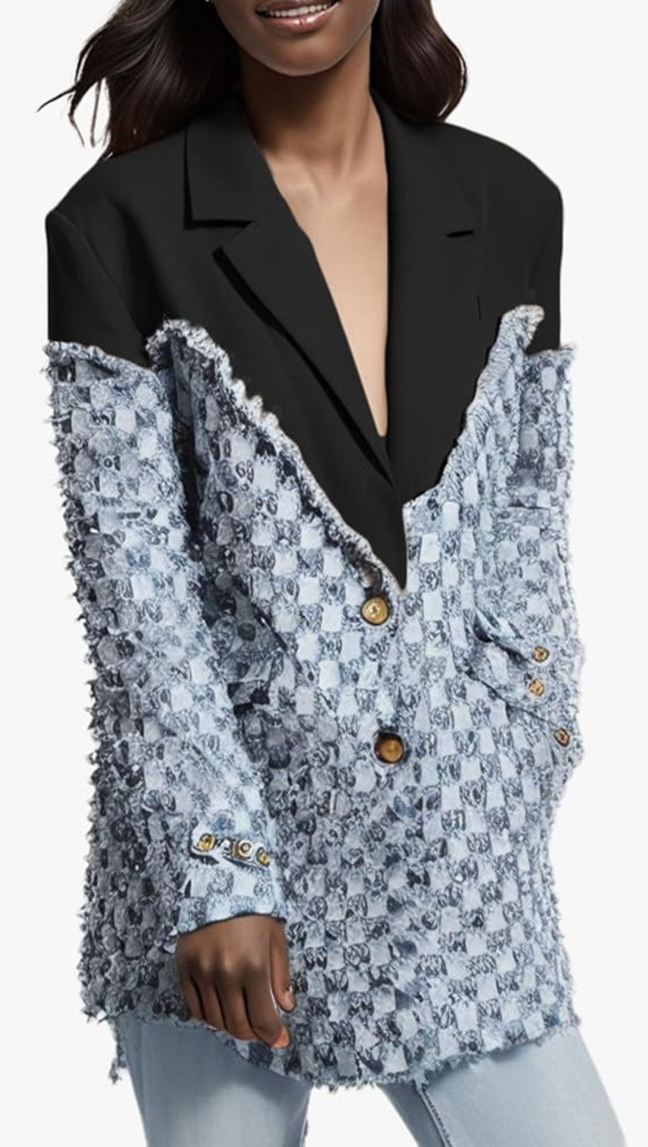 TWO-TONE DENIM CHECKS BLAZER IN BLUE