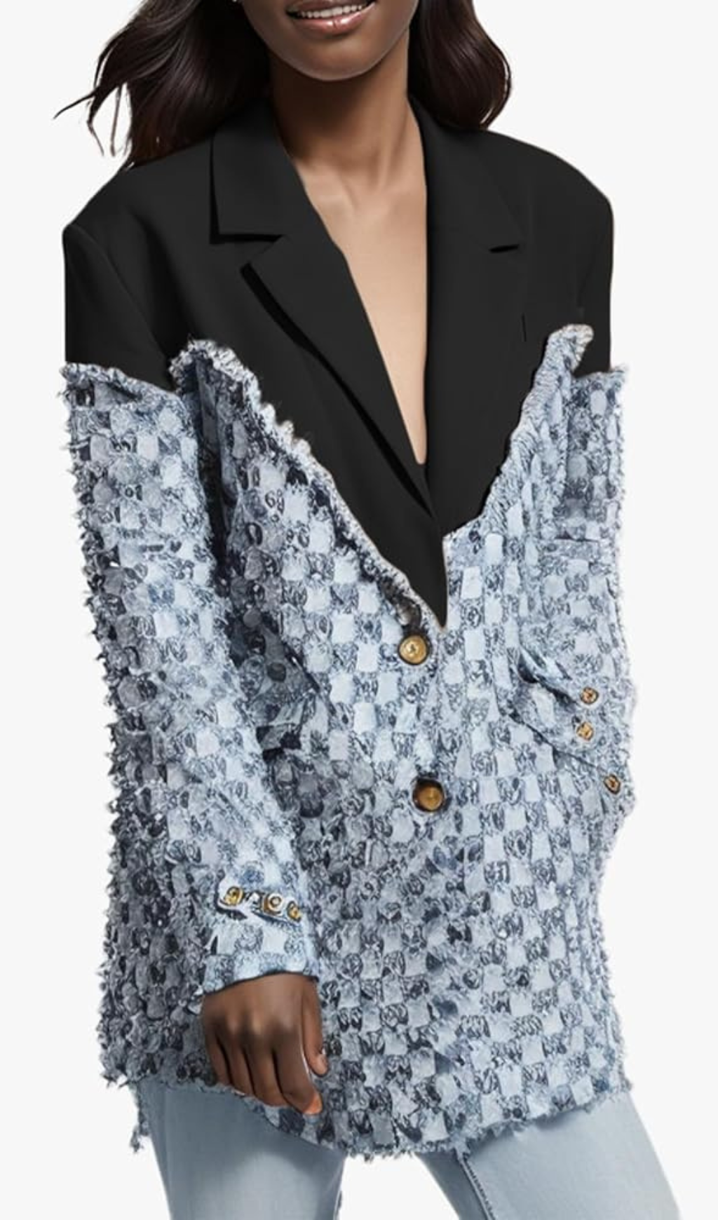 zweifarbiger Denim-Karos-Blazer in Blau