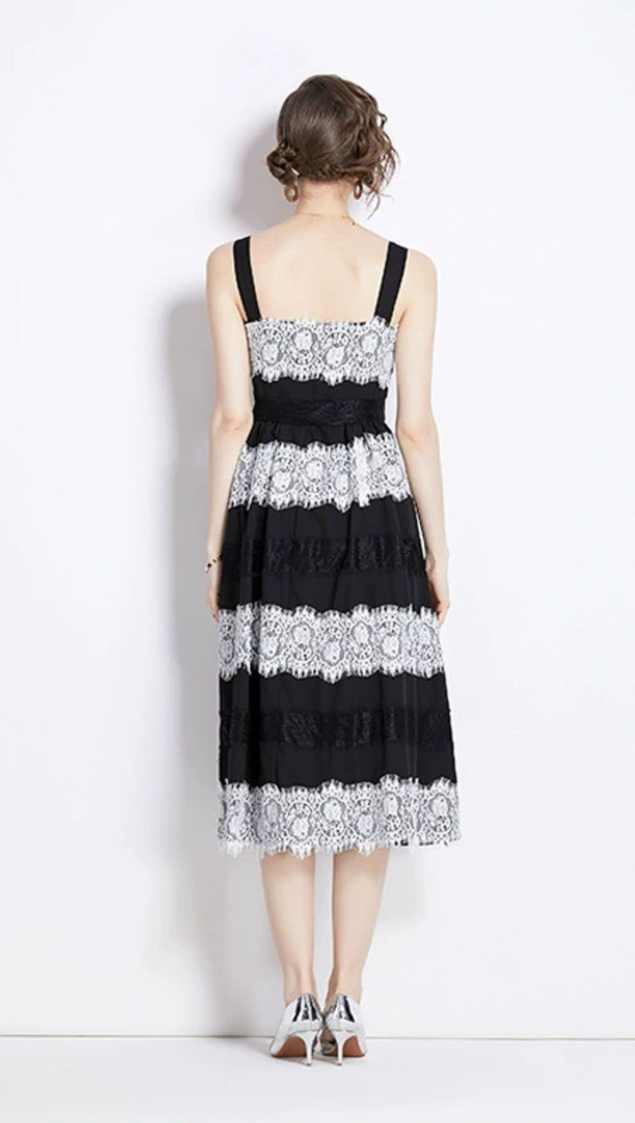 AFRA BLACK LACE STRIPES MIDI STRAP MIDI DRESS