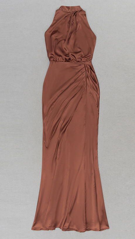 HALTER NECK RUCHED SATIN PROM DRESS