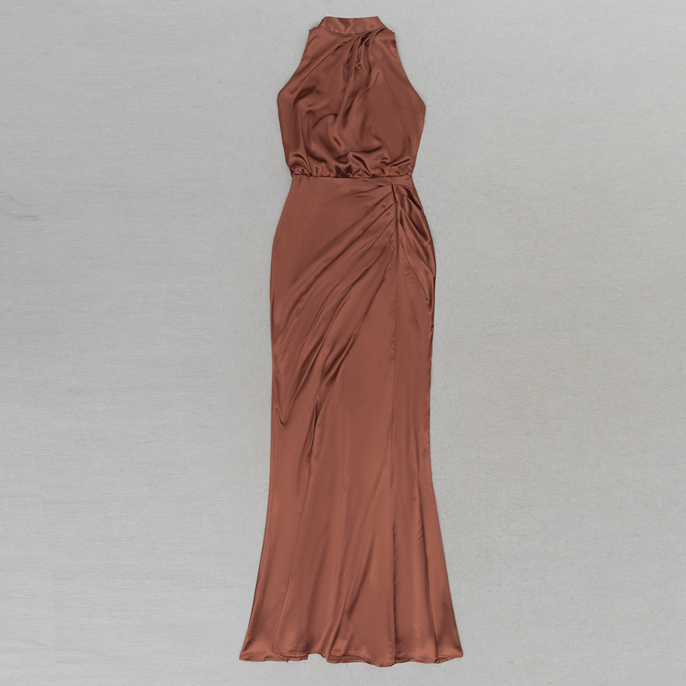 AIIZIE HALTER NECK RUCHED SATIN PROM DRESS - product image