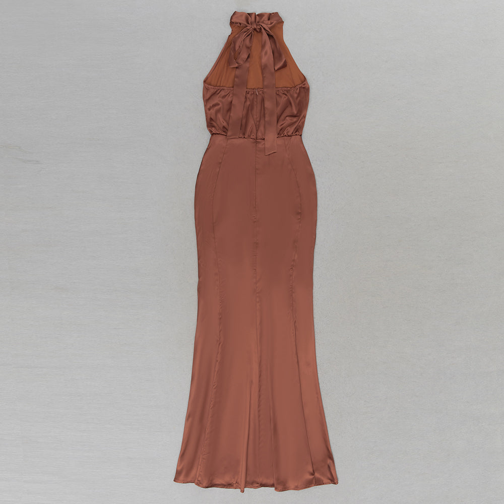 AIIZIE HALTER NECK RUCHED SATIN PROM DRESS - product image