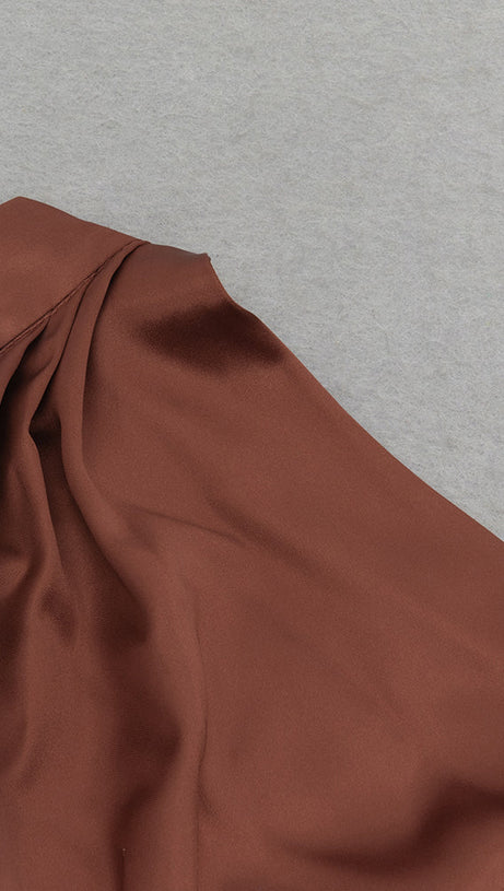 HALTER NECK RUCHED SATIN PROM DRESS