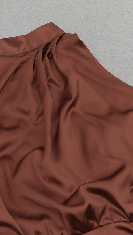 HALTER NECK RUCHED SATIN PROM DRESS