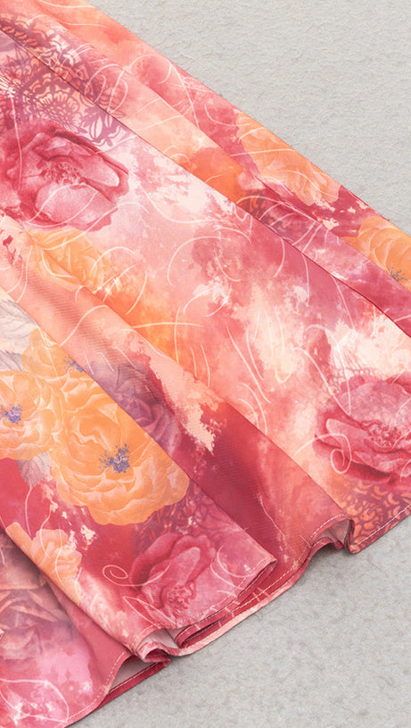 STRAPLESS PRINTED BODYCON KNOT MIDI DRESS