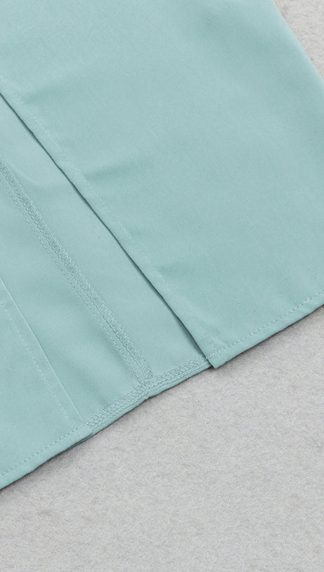 GRAY AND BLUE SINGLE-BREASTED BUTTON LONG-SLEEVED FRILL V-NECK RIBBON MIDI DRESS