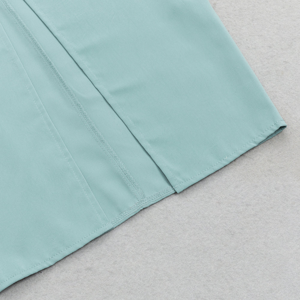 ABITO MIDI GRIGIO E BLU MONOPETTO CON BOTTONI, MANICHE LUNGHE, VOLANT, SCOLLO A V E NASTRO