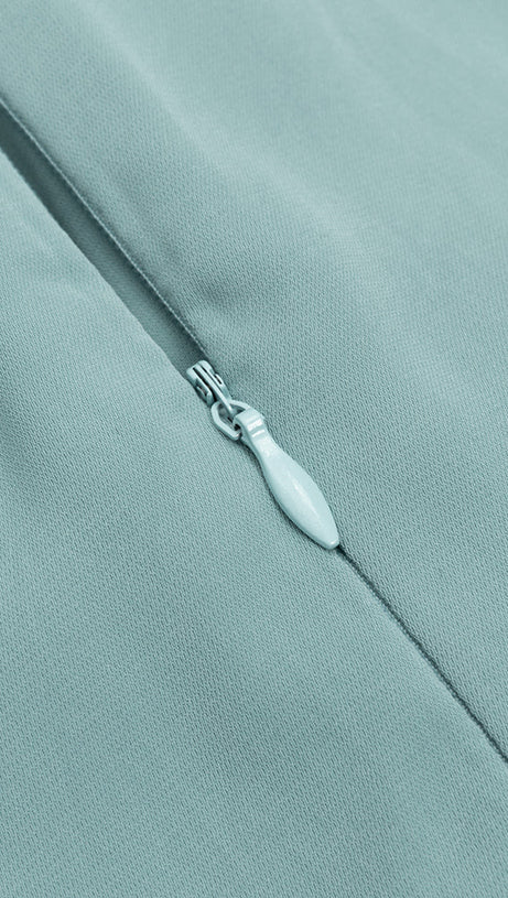 GRAY AND BLUE SINGLE-BREASTED BUTTON LONG-SLEEVED FRILL V-NECK RIBBON MIDI DRESS