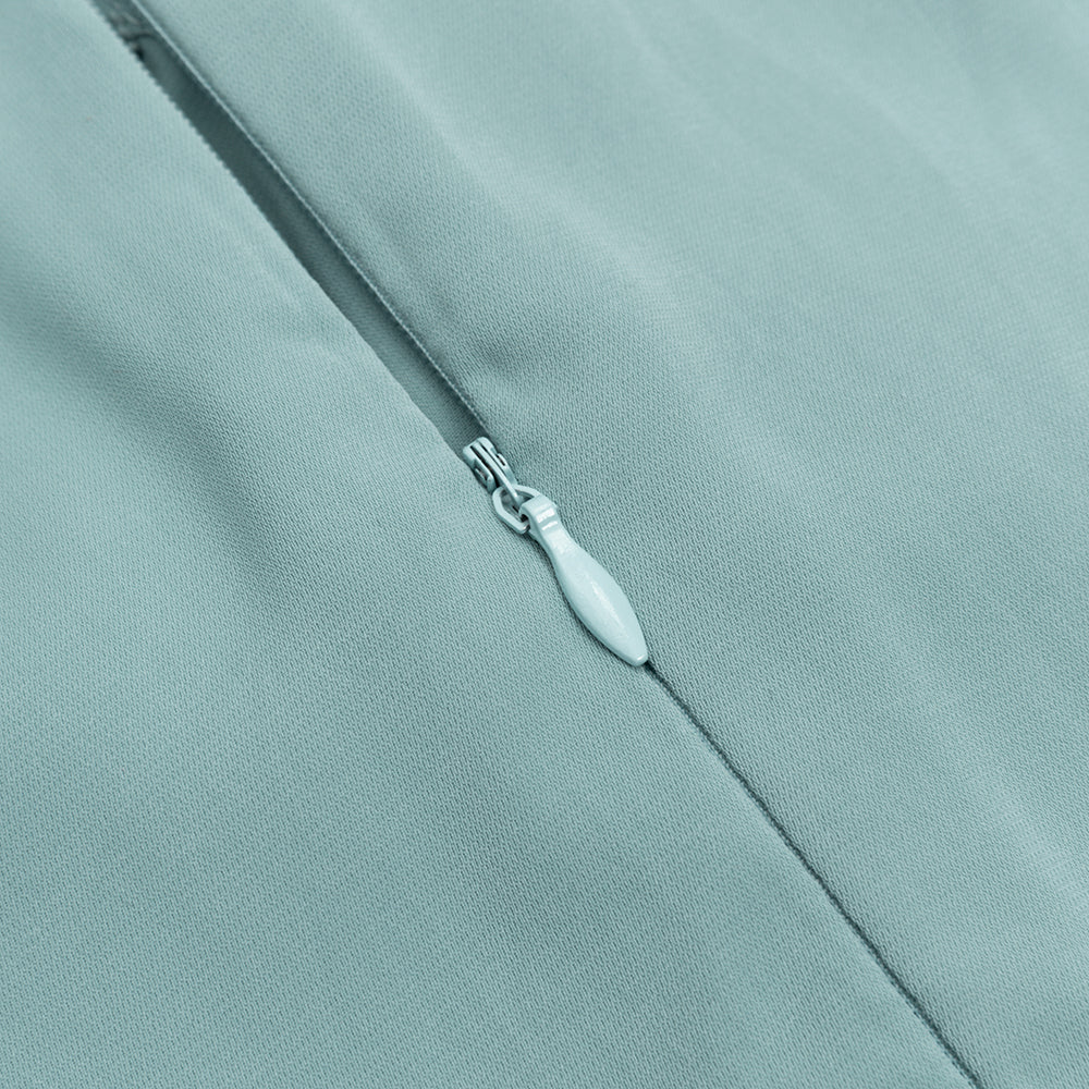 ABITO MIDI GRIGIO E BLU MONOPETTO CON BOTTONI, MANICHE LUNGHE, VOLANT, SCOLLO A V E NASTRO