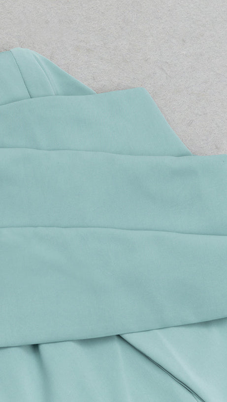 GRAY AND BLUE SINGLE-BREASTED BUTTON LONG-SLEEVED FRILL V-NECK RIBBON MIDI DRESS