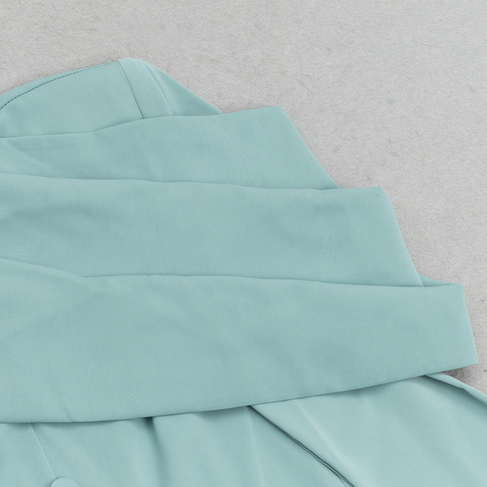 ABITO MIDI GRIGIO E BLU MONOPETTO CON BOTTONI, MANICHE LUNGHE, VOLANT, SCOLLO A V E NASTRO