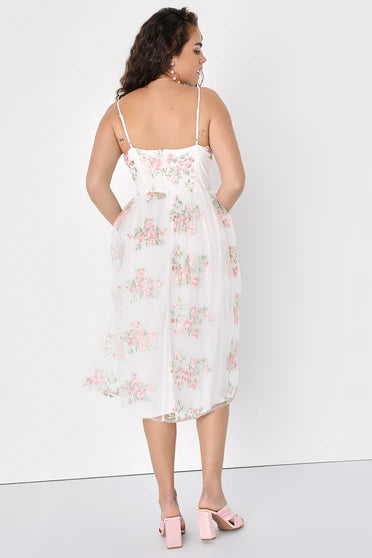 WHITE FLORAL EMBROIDERED TULLE MIDI DRESS