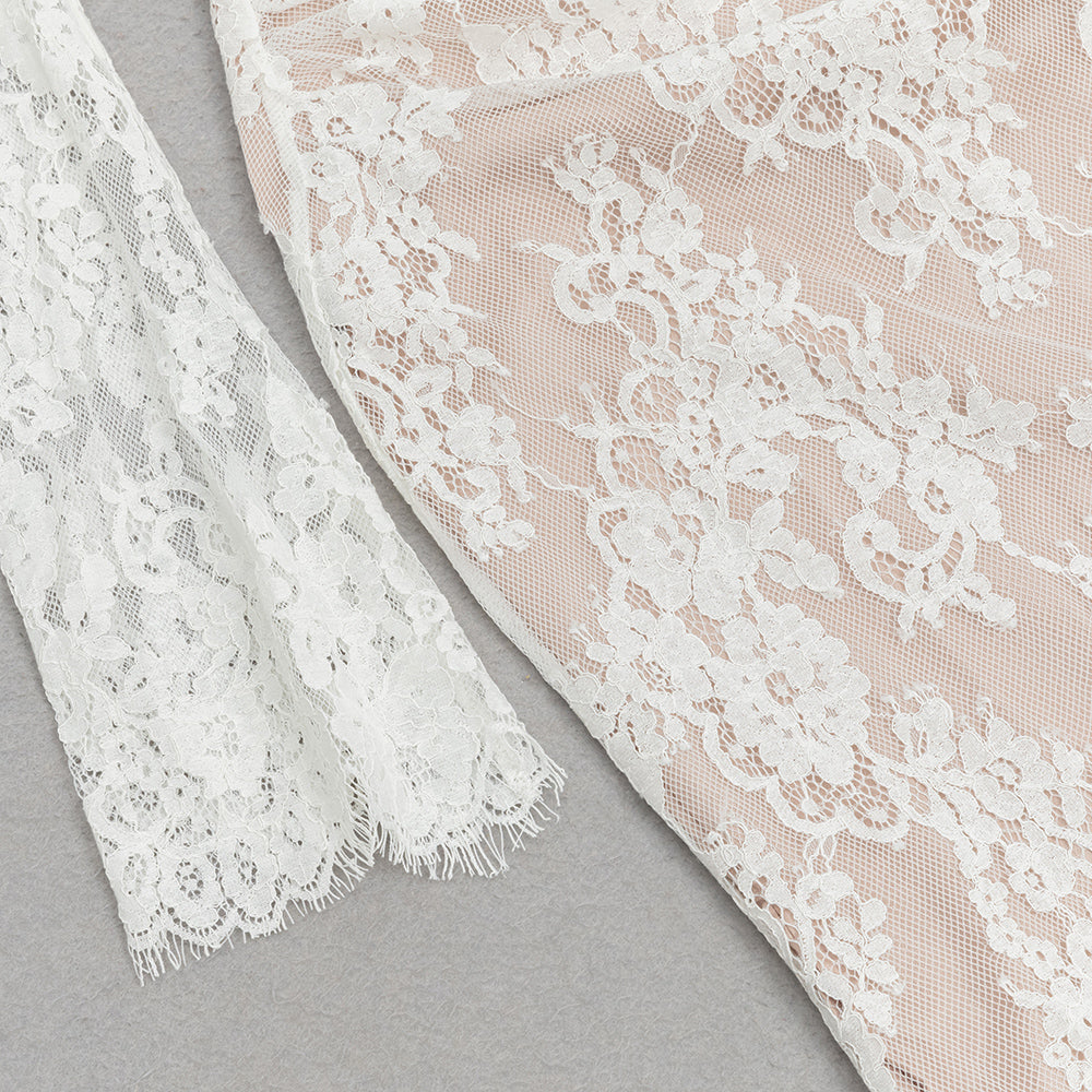 AIIZIE LONG SLEEVE DRAPED LACE MAXI DRESS IN WHITE - product image
