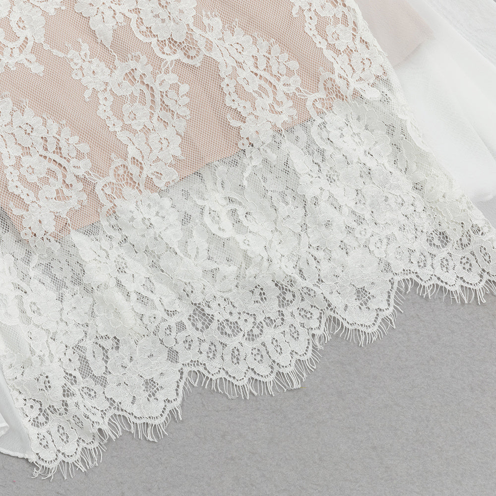 AIIZIE LONG SLEEVE DRAPED LACE MAXI DRESS IN WHITE - product image
