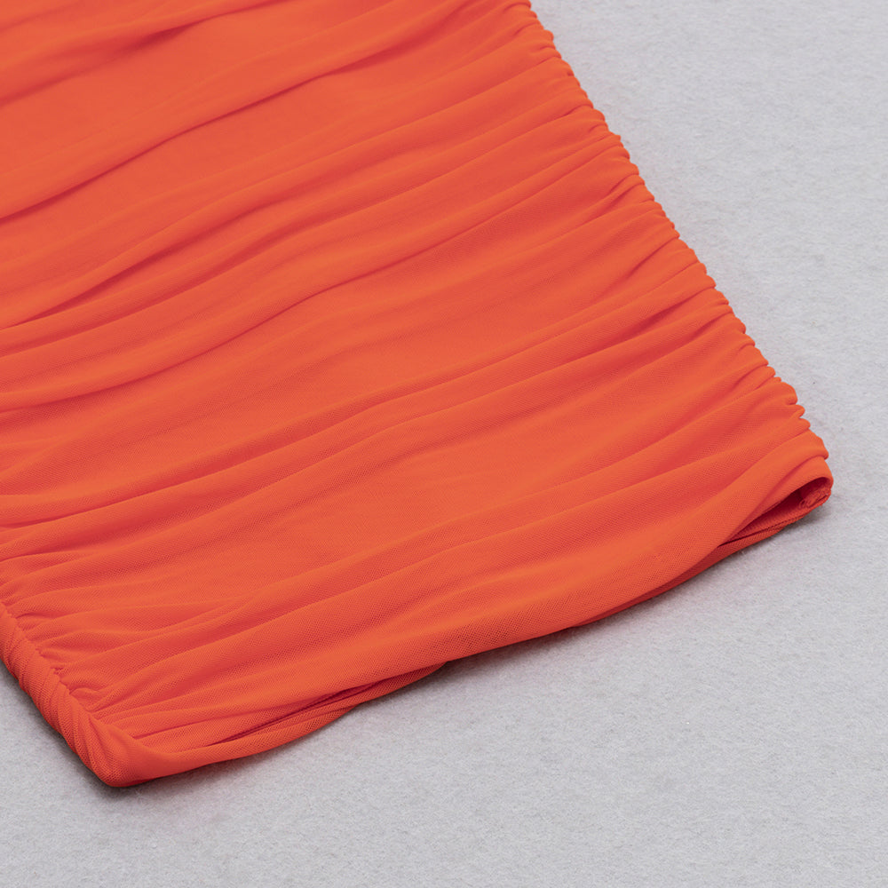 AIIZIE MESH RUCHED MIDI DRESS IN ORANGE - product image