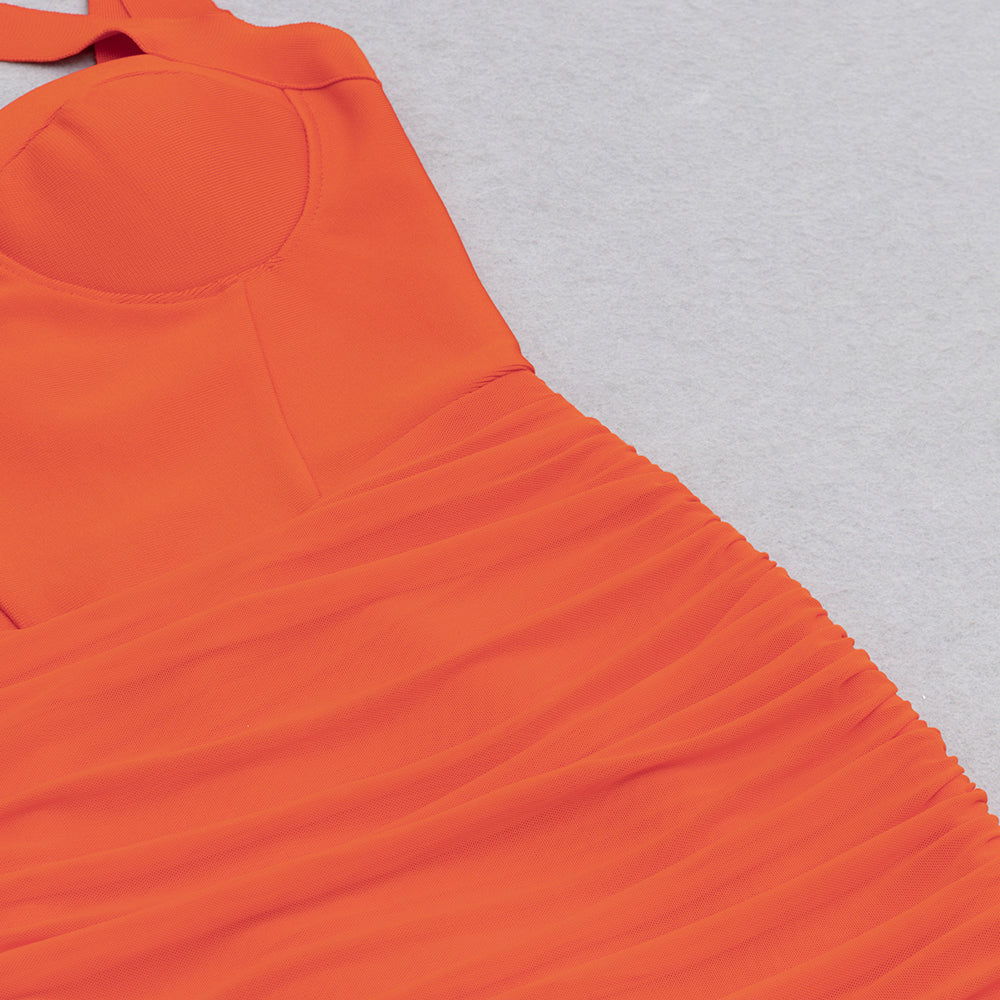 AIIZIE MESH RUCHED MIDI DRESS IN ORANGE - product image