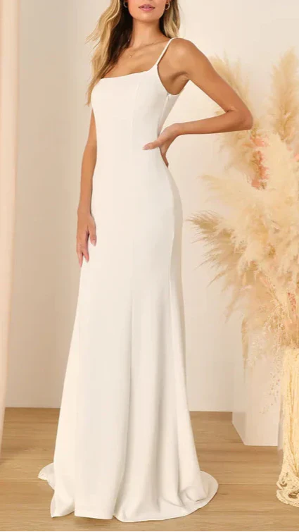 Blessed Romance – Weißes, ärmelloses Maxikleid im Meerjungfrauen-Stil mit Knopfleiste hinten 