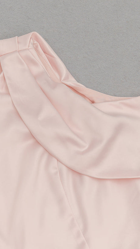 ABITO MIDI ADERENTE IN RASO CON BALZE ROSA PALLIDO