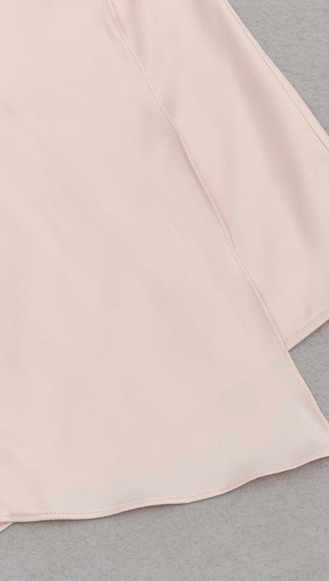 ABITO MIDI ADERENTE IN RASO CON BALZE ROSA PALLIDO